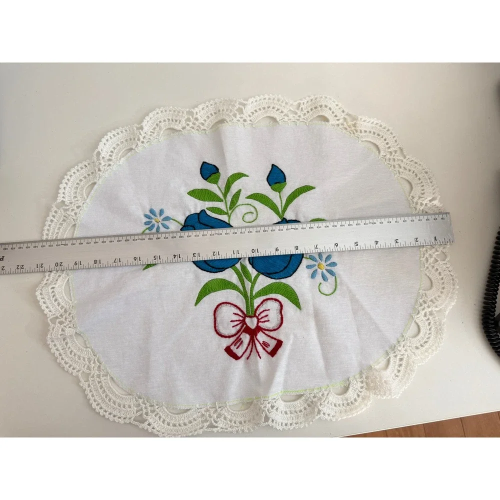 Vintage Hand Embroidered Blue Tulip Oval Doily White Crochet Lace Trim 11x8.5